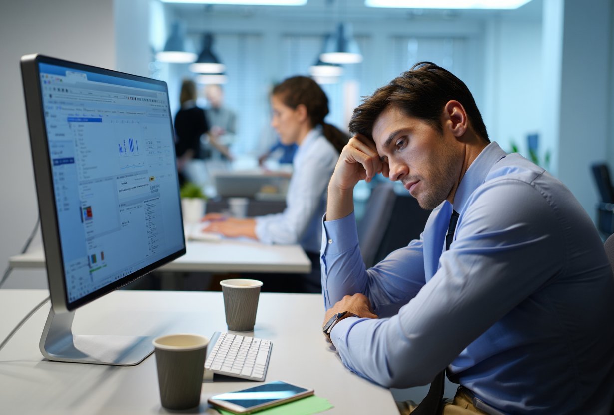 Мужчина сидит в офисе и испытывает рабочий стресс